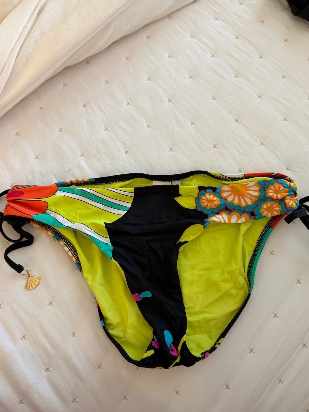 Trina Turk Neon Lime Floral Swim Bottoms with Black & Orange Accents